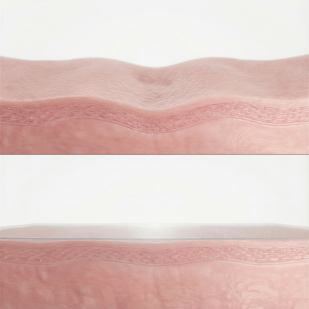 Illustration som visar hur hudveck jämnas ut med medicinsk silikontejp.