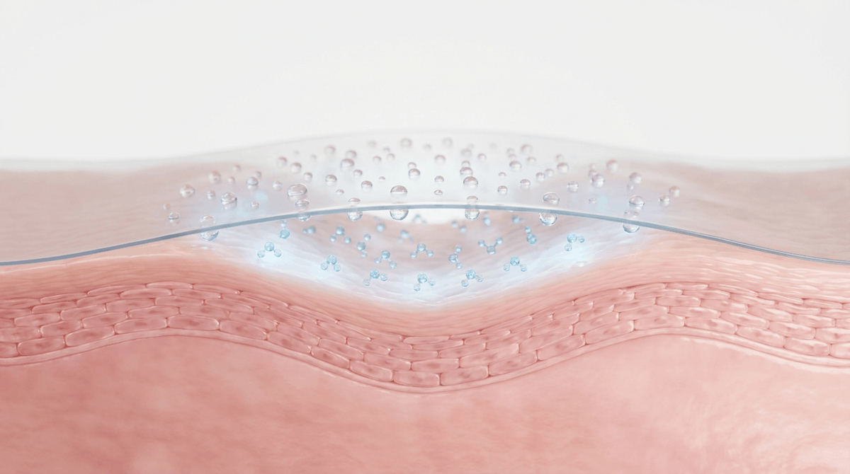 Illustration av silikontejp på huden som skapar en skyddande fuktbarriär och stödjer hudens återhämtning.