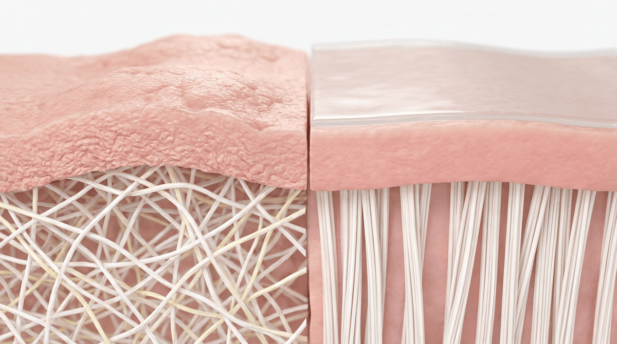 3D-illustration som visar hudens struktur före och efter applicering av silikontejp som hjälper huden att bli jämnare.